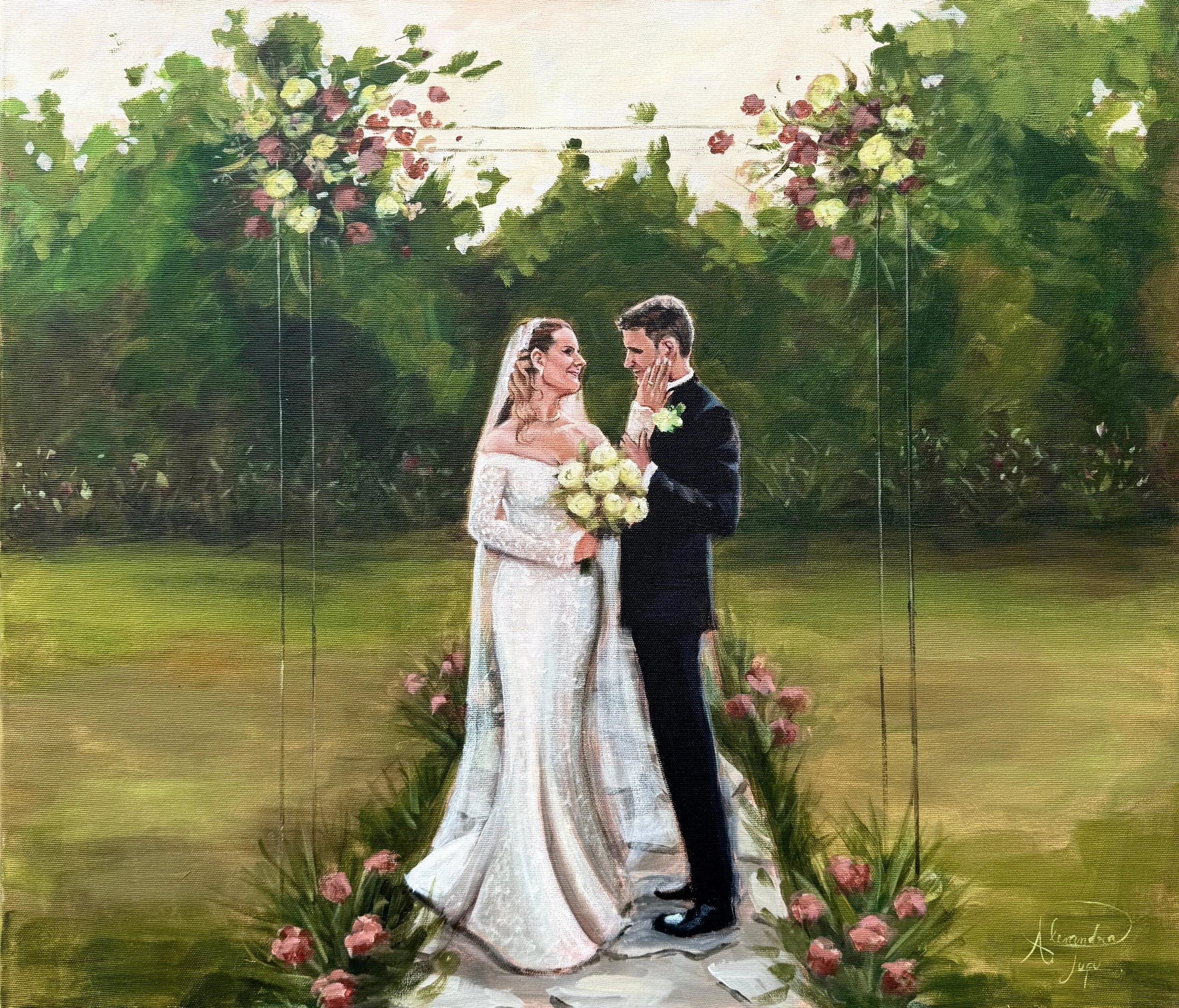 Painting of a bride and groom standing outdoors on their wedding day, surrounded by greenery and pink flowers, with a floral arch overhead.