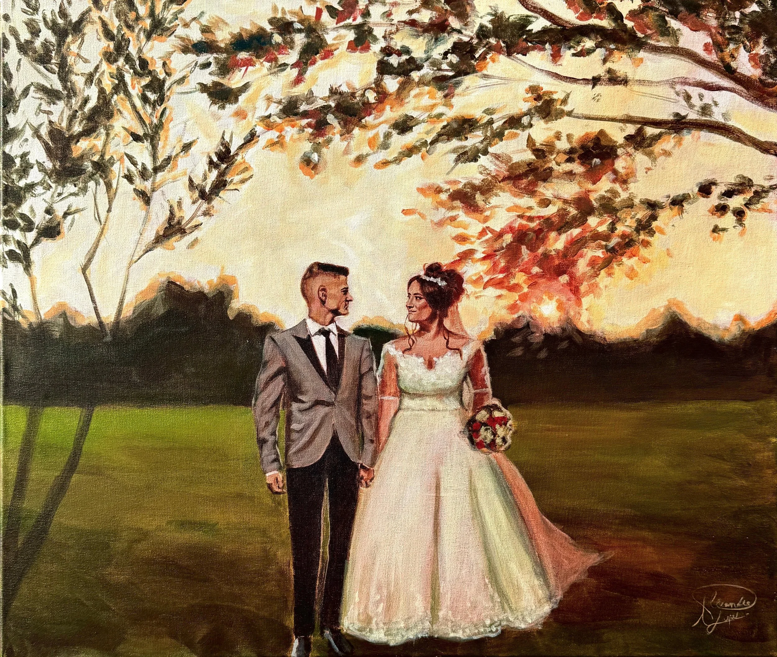 A painting of a bride and groom holding hands outdoors at sunset, under trees with autumn-colored leaves.