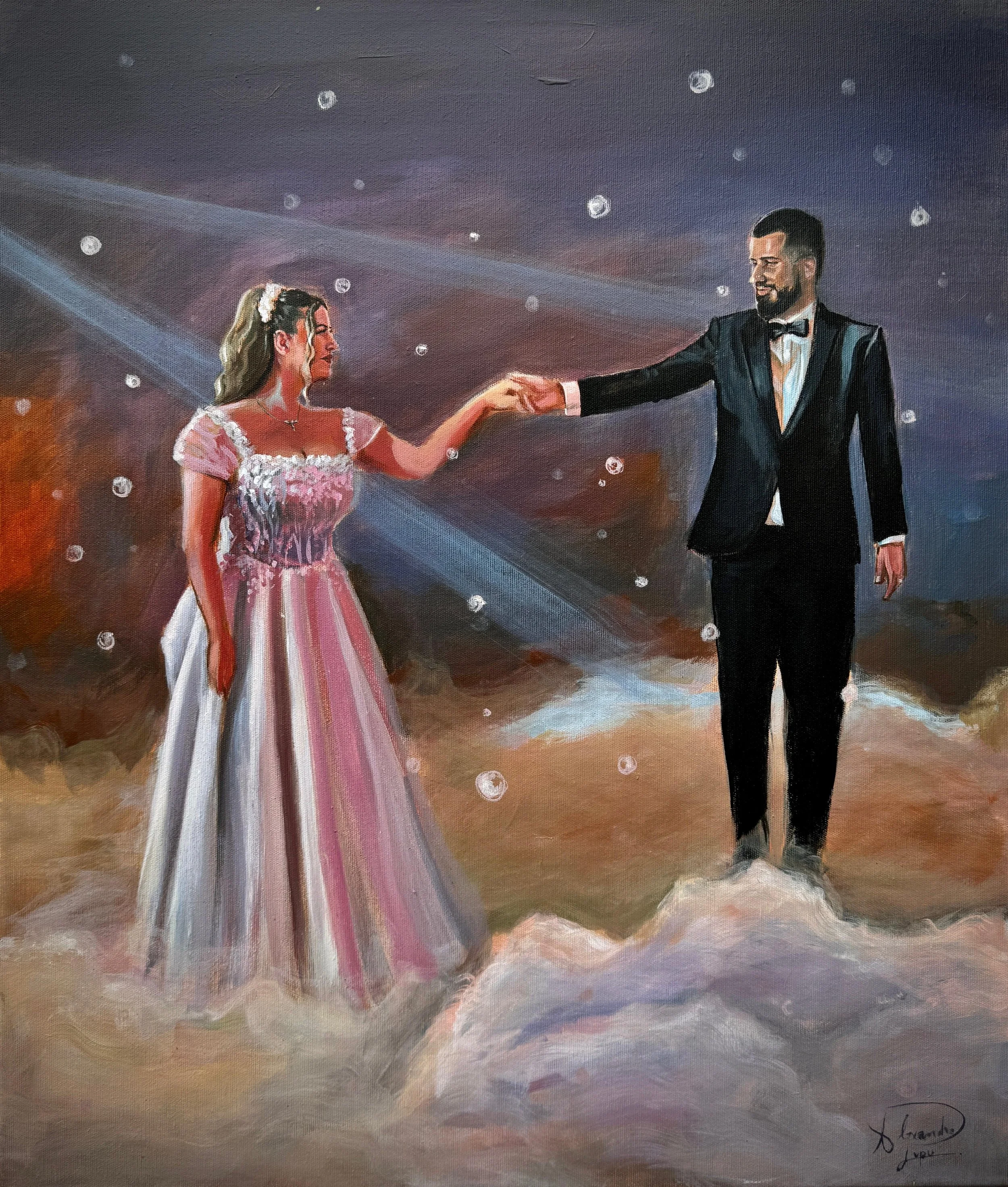 Painting of a bride and groom dancing with steaming waves rising around their feet, evening sky background.