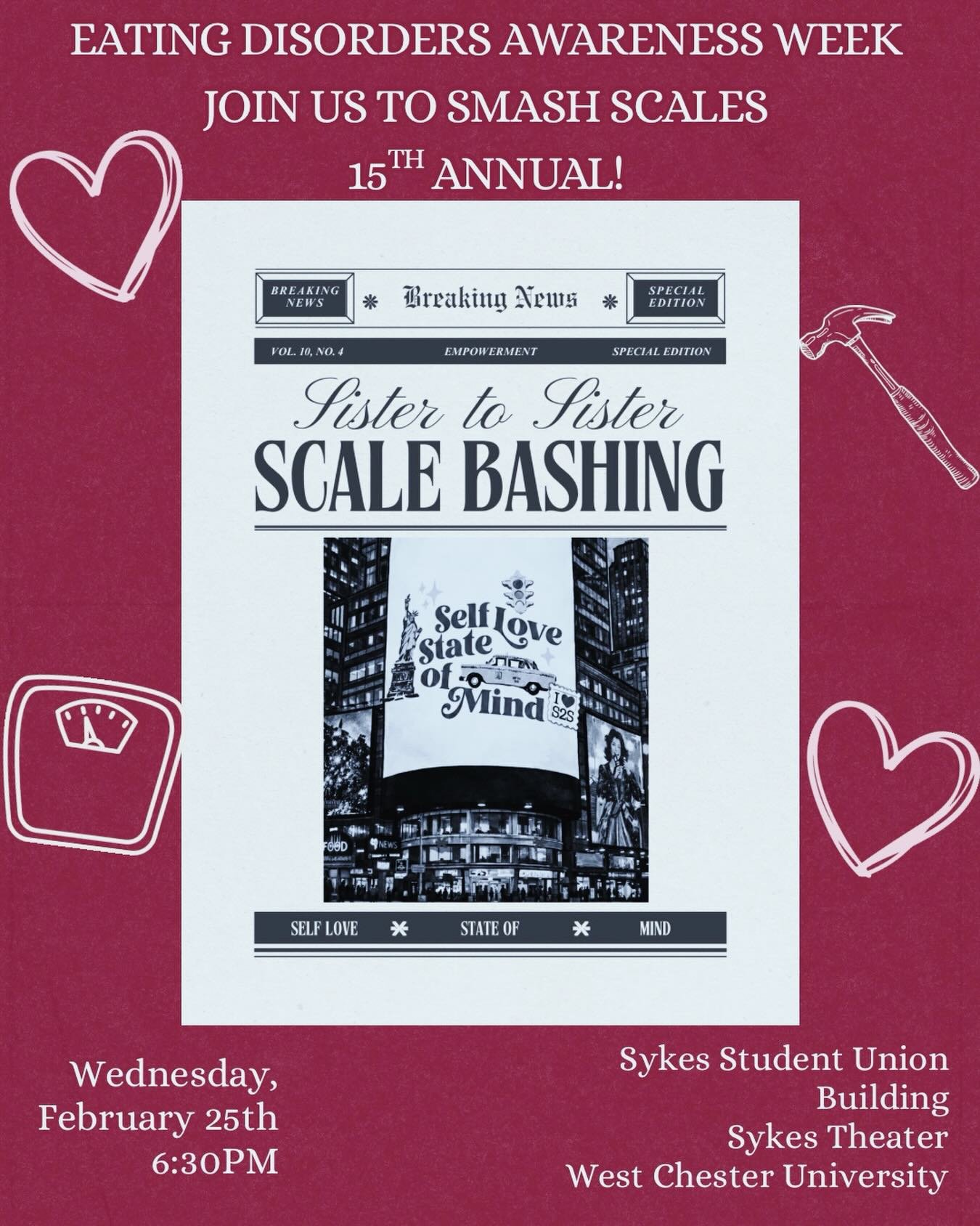 🎉✨ 15 years ago, I hosted the very first scale bashing for Sister to Sister Peer Mentors at WCU during National Eating Disorders Awareness Week. 

💕So excited to continue this journey and make a difference! Join us next week for more empowerment an