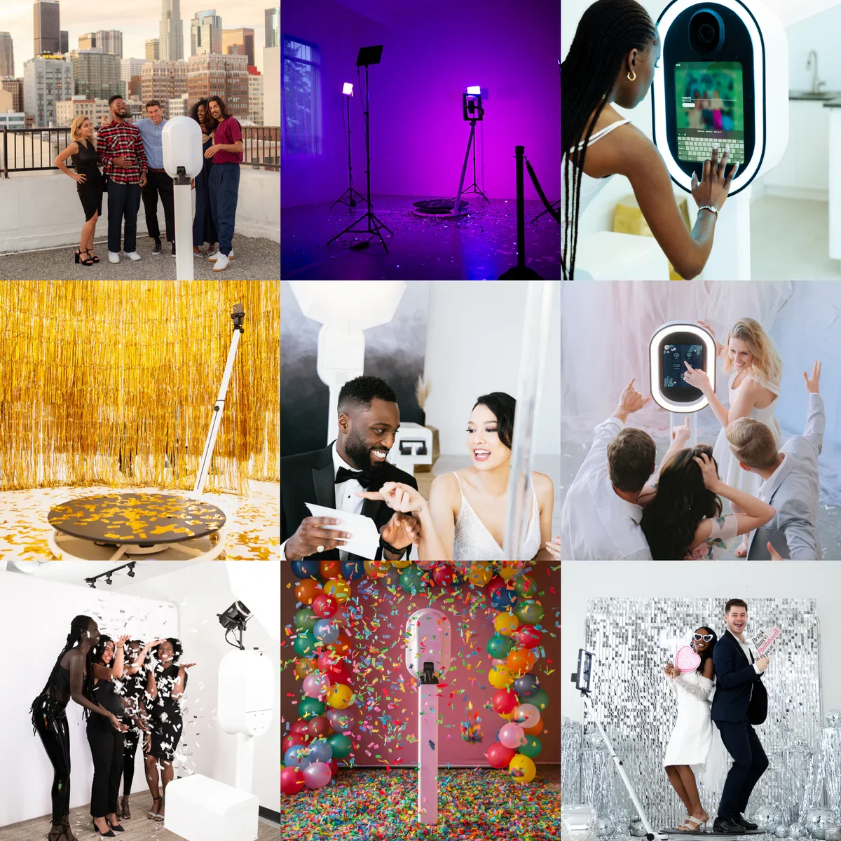 A collage of nine photos showing various photo booth setups and people enjoying photo booth sessions at events, including a rooftop photo session, studio lighting setups, women using selfie booths, a crochet photo booth with golden decor, couples engaging with photo booths, women celebrating with confetti, and a couple posing with props in front of glittering backdrops.