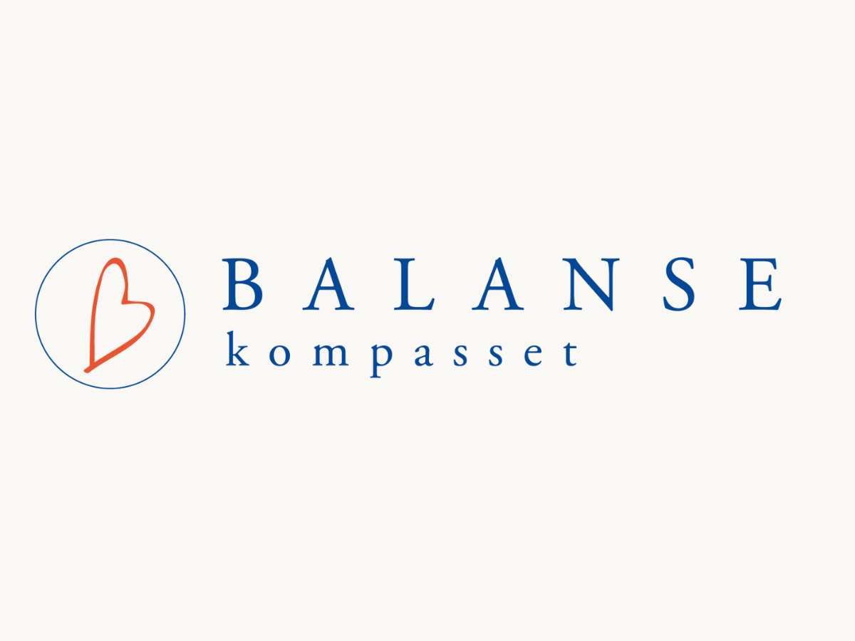 Logo for Balansekompasset in blue text, featuring an icon of an orange heart with a blue circle around it.