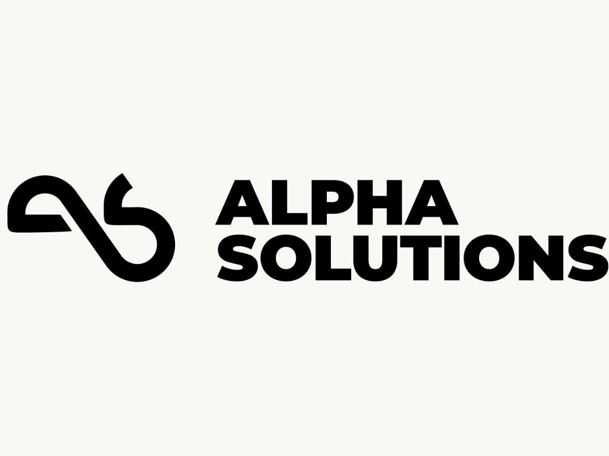 Black logo for Alpha Solutions featuring a stylized link icon and bold text