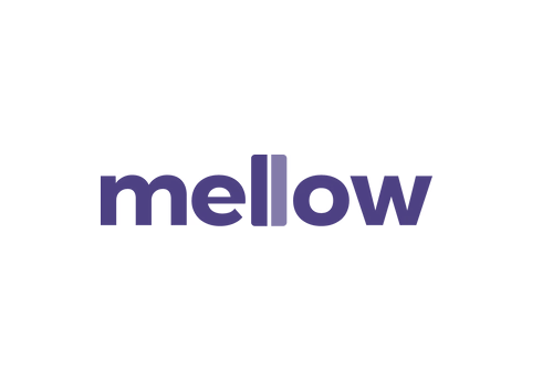 The word "mellow" written in bold purple lowercase letters on a white background.