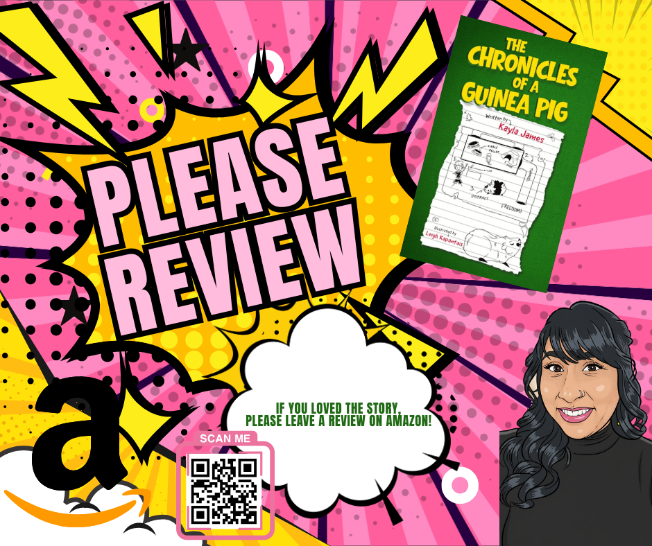 Colorful comic book style background with a large yellow burst and black comics lines. Text in pink and black says 'Please Review' in the center. An image of a children's book titled 'The Chronicles of a Guinea Pig' with a green cover and a drawing of a guinea pig on the cover is on the right. A smiling woman with long dark hair is in the lower right corner. A white speech bubble with green text says 'If you loved the story, please leave a review on Amazon!' A pink QR code with a camera icon is in the bottom left corner with the text 'Scan Me'.