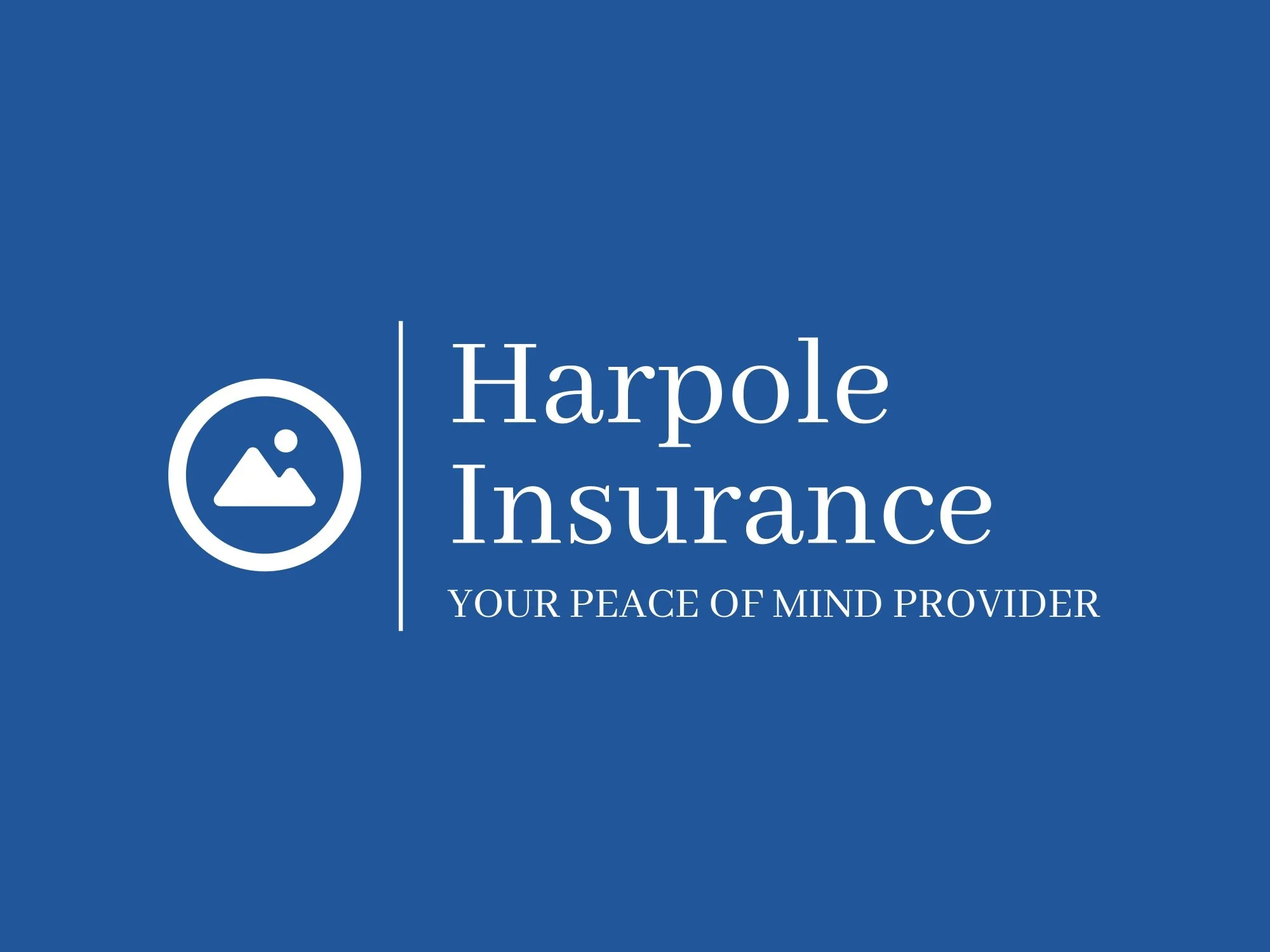 Harpole Insurance logo with an icon of mountains and sun, tagline 'Your Peace of Mind Provider' on a blue background.