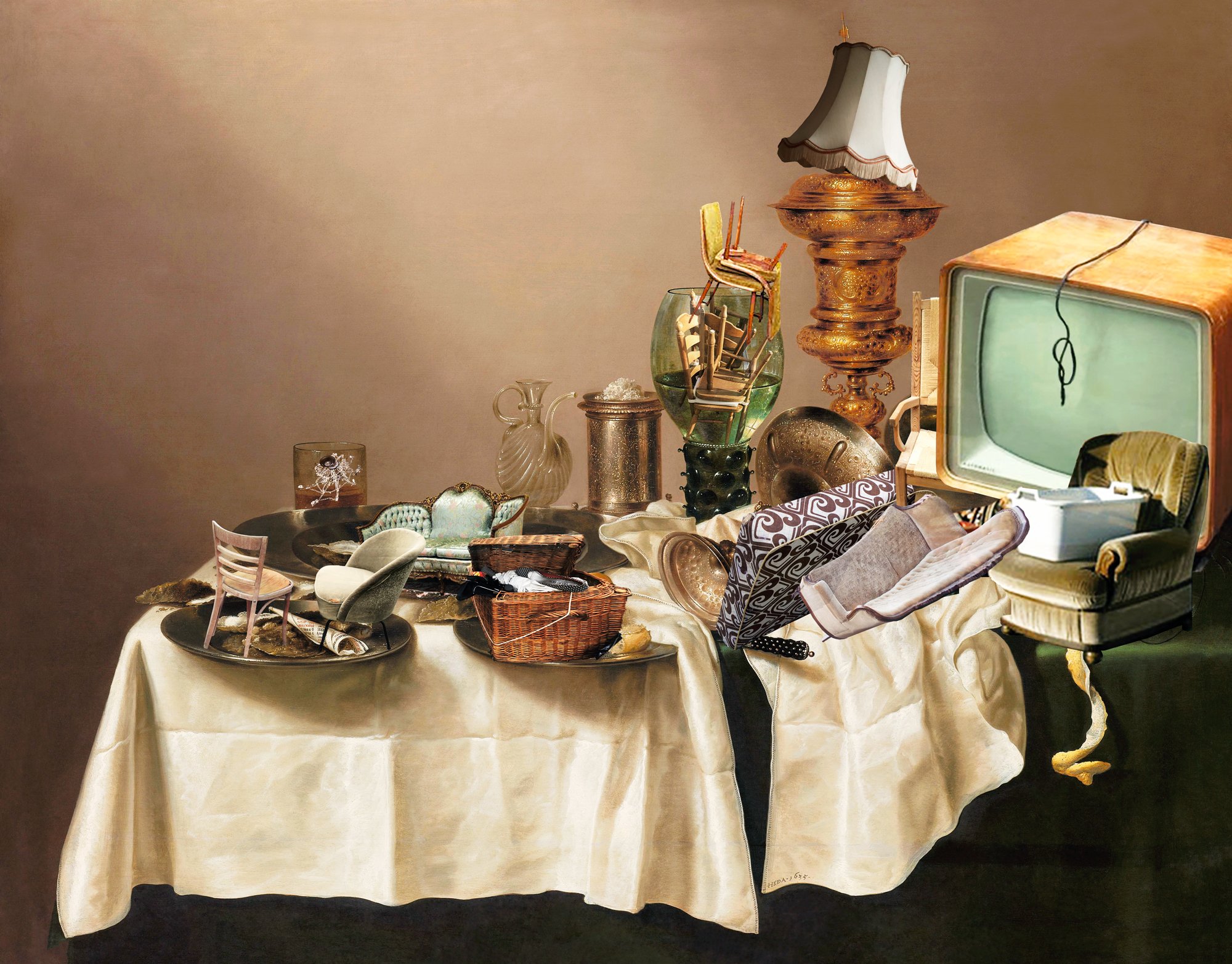 Still-life with gilt cup and TV
