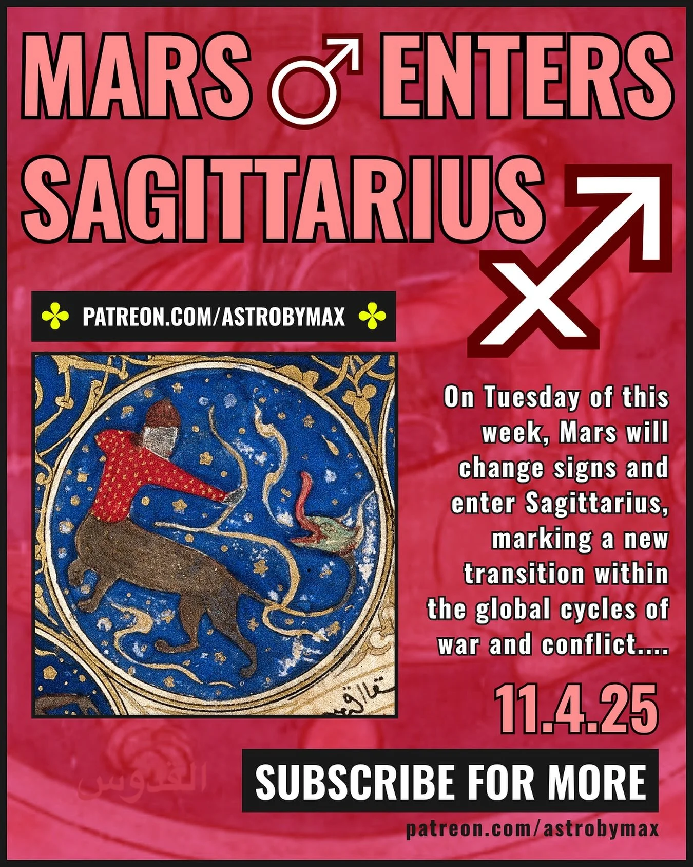 Live on my Patreon, we have a new post on what Mars indicates in Sagittarius according to Medieval World Astrologers of the Islamicate era to make sense of how the current cycles of war, conflict, and violence will unfold. Lots of important informati
