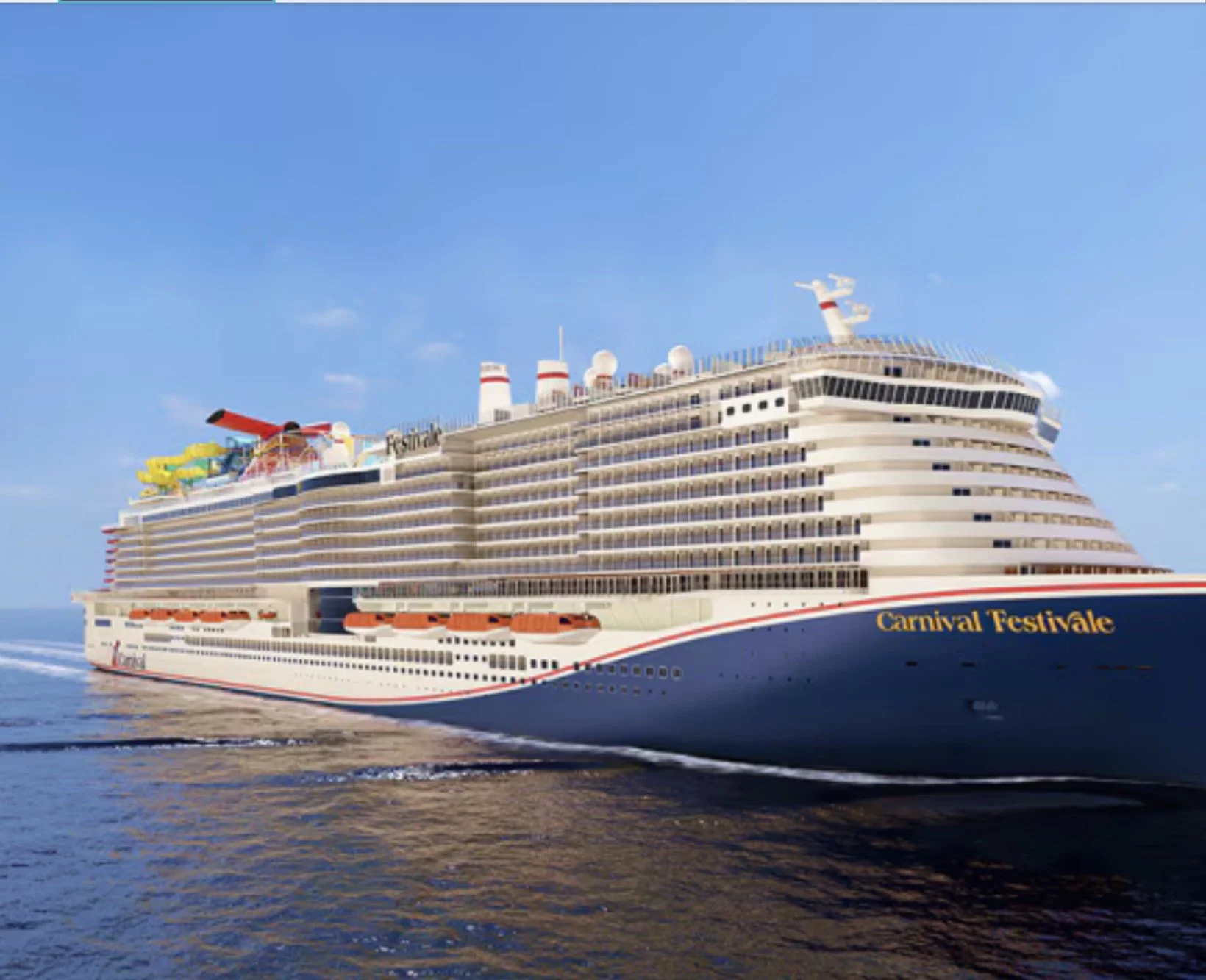 A large cruise ship labeled CarnivaL Festivale sailing on the ocean with blue sky and some clouds in the background.