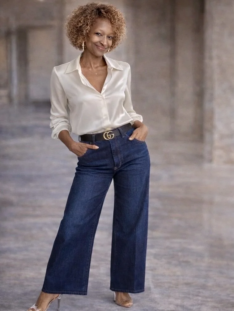 A woman with curly blonde hair wearing a cream-colored silk blouse, high-waisted wide-leg jeans with a Gucci belt, and heels, standing indoors with her hands in her pockets.