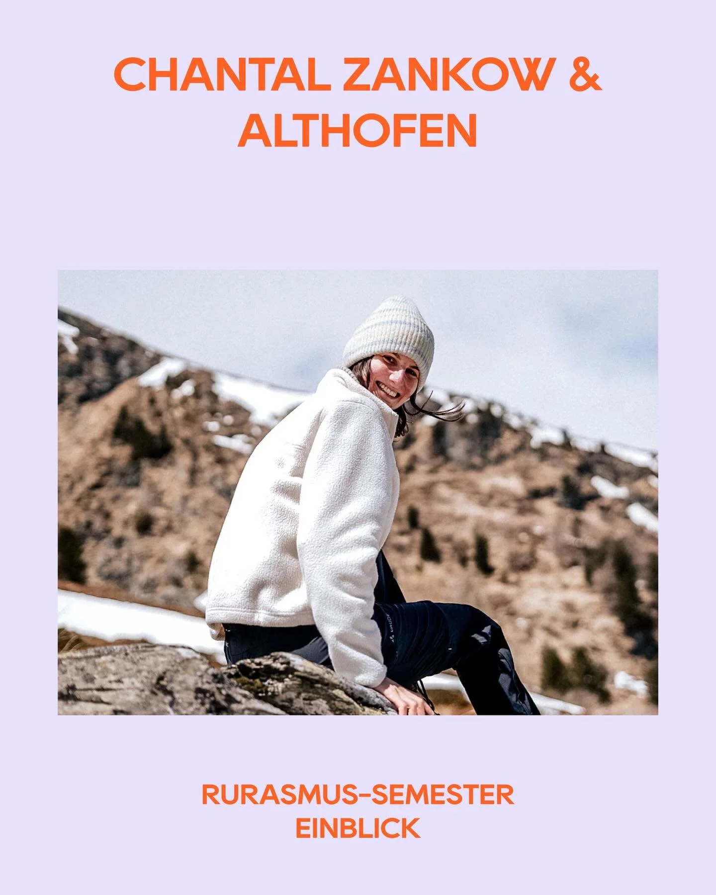 RURASMUS-SEMESTER EINBLICK

Stadtgemeinde Althofen, K&auml;rnten | Sommersemester 2025

*

RURASMUS-Studentin: Chantal Zankow Studienrichtung: Master Raumplanung - TU Dortmund Titel der Arbeit: Tourismusorientierte und gesundheitsf&ouml;rdernde Gr&uu
