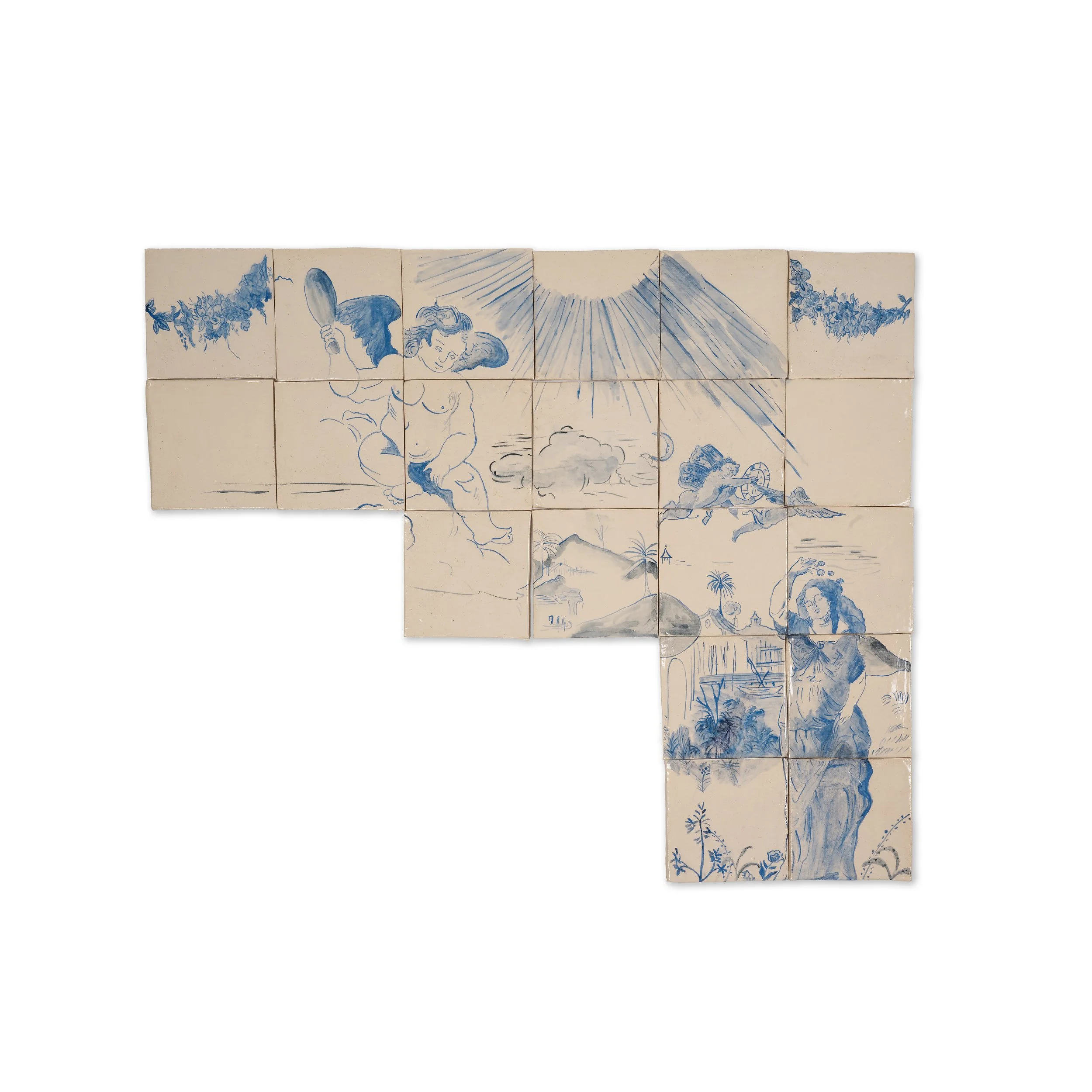 Carreau de céramique blanc avec dessin bleu représentant un paysage avec un personnage ailé, une femme et un paysage avec des montagnes, des palmiers et un corps d'eau, organisé en un motif en forme de L.