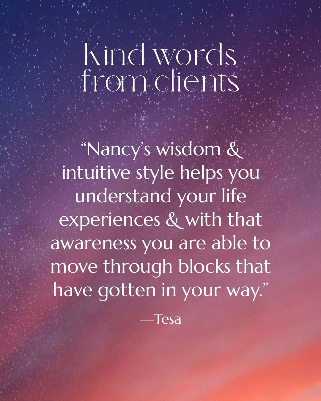 Thank you for your kind words Tesa...

&quot;I highly recommend Nancy&rsquo;s work. She provides Alchemy with her Astrological conversations. Every session with her feels like energy movement healing. Nancy&rsquo;s wisdom &amp; intuitive style helps 