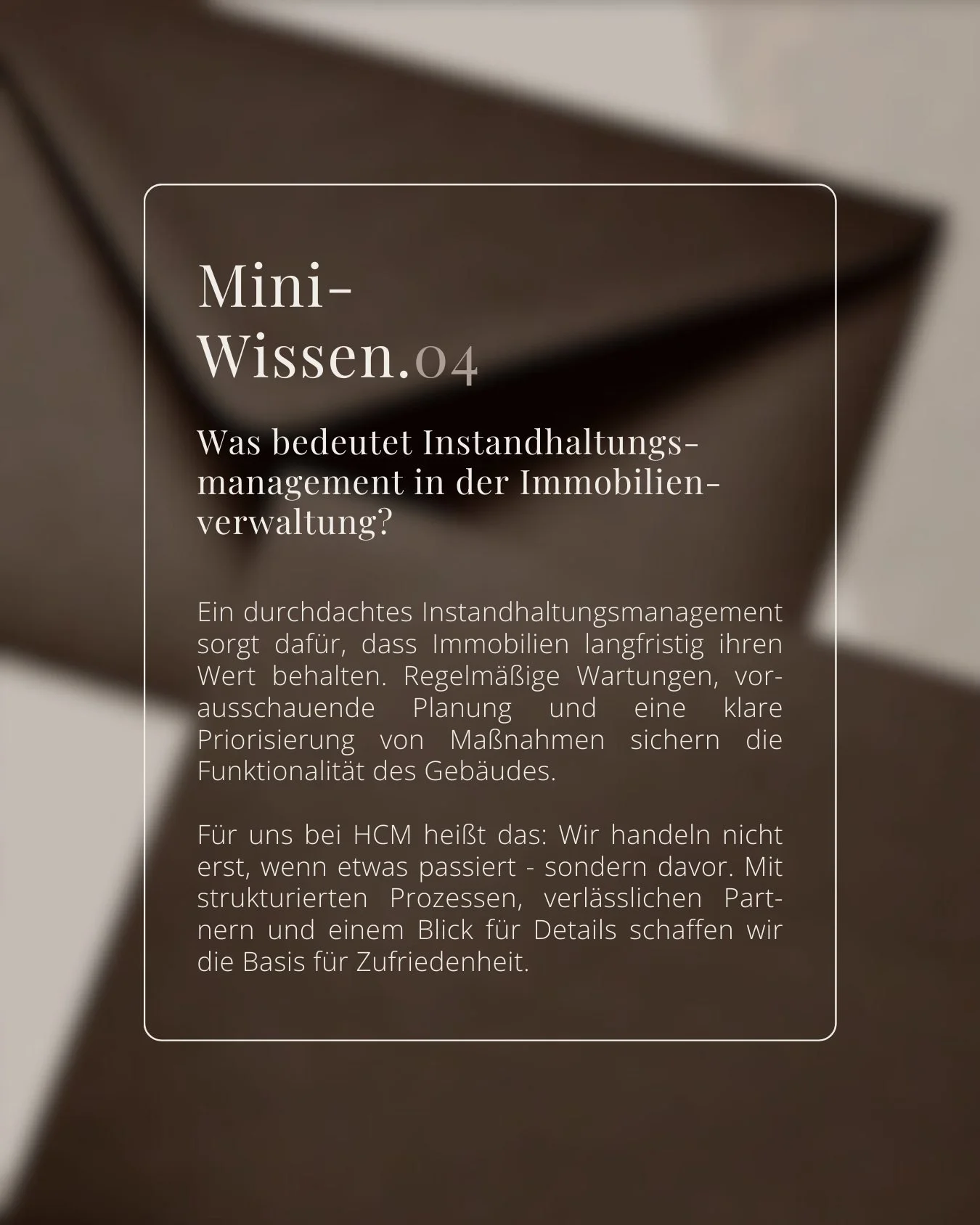 Mini-Wissen Vol. 4 📚

Heute: Warum ein professionelles Instandhaltungsmanagement einer der wichtigsten Faktoren f&uuml;r langfristigen Werterhalt ist.

#WirSindHCM #HCMRealEstate #VerwaltungMitWerten #Wertbest&auml;ndigDenken #VertrauenVerwalten #HC