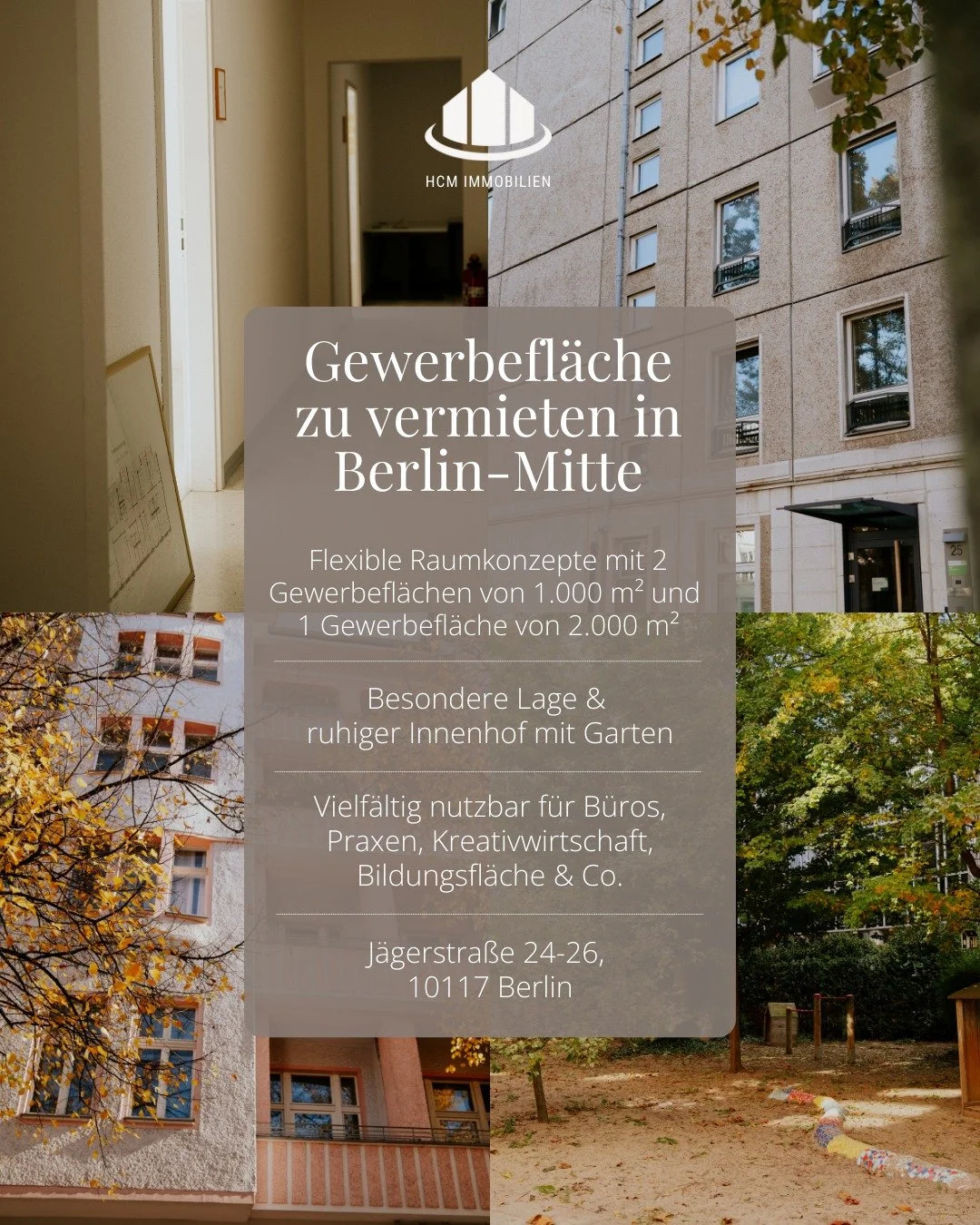 Gewerbefl&auml;che zu vermieten | Berlin-Mitte.

Besondere Lage, ruhiger Innenhof mit Garten und flexible Raumkonzepte: In der J&auml;gerstra&szlig;e 24&ndash;26 in Berlin-Mitte bieten wir vielseitig nutzbare Gewerbefl&auml;chen mit Weitblick. Zwei E