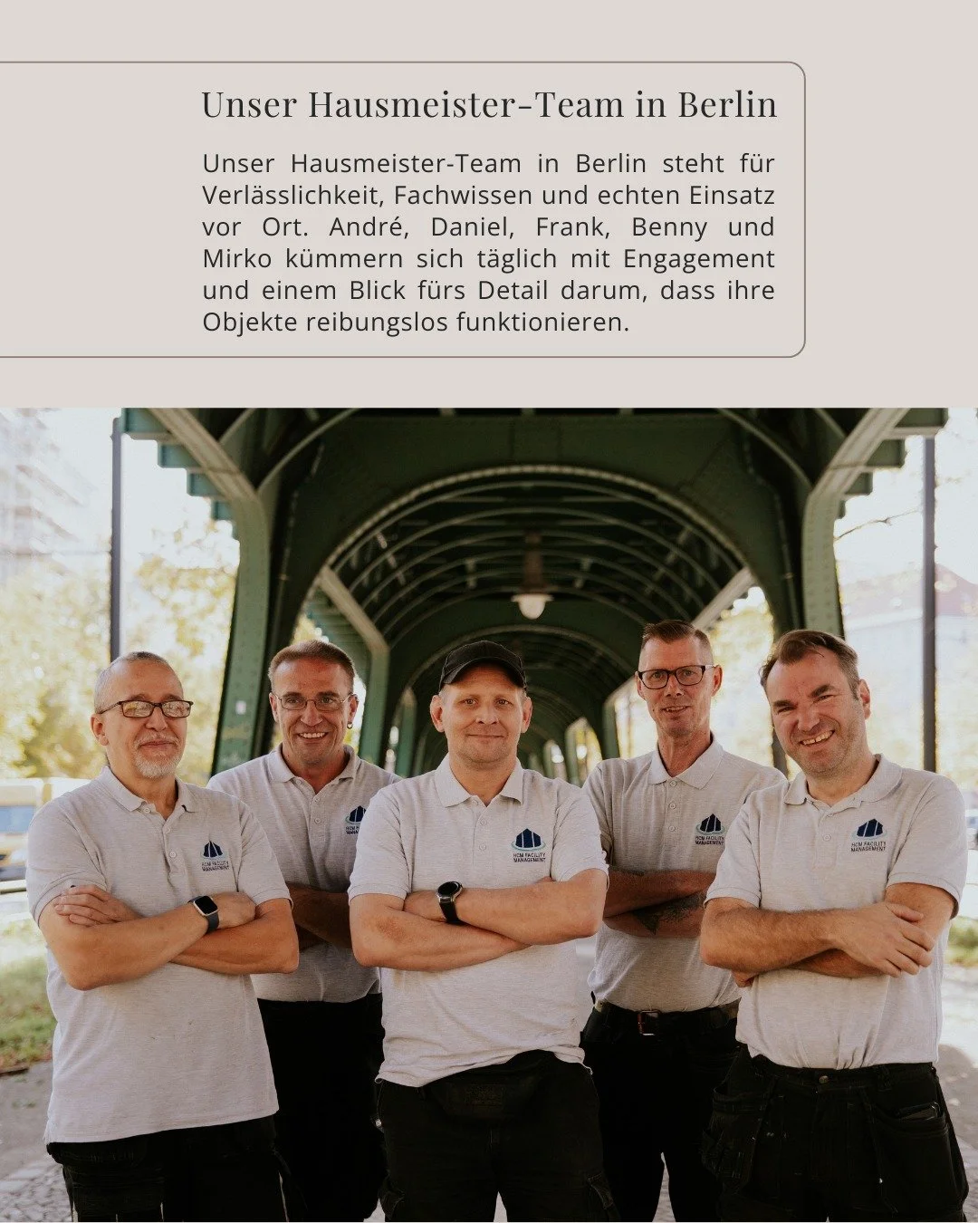 Verl&auml;sslichkeit zeigt sich im Alltag. 

Unser Hausmeister-Team in Berlin - Andr&eacute;, Daniel, Frank, Benny und Mirko - sorgt t&auml;glich mit Fachwissen, Einsatz und einem Blick f&uuml;rs Detail daf&uuml;r, dass unsere Objekte reibungslos fun