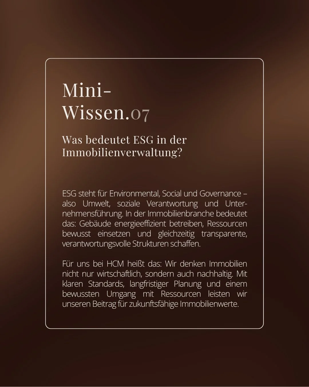 Unser 7. Mini-Wissen heute: Was bedeutet ESG in der Immobilienverwaltung?

#WirSindHCM #HCMRealEstate #VerwaltungMitWerten #Wertbest&auml;ndigDenken #VertrauenVerwalten #HCMImmobilien #HCMFacilityManagement #Hamburg #Hausverwaltung #HCMPortfolio #Imm