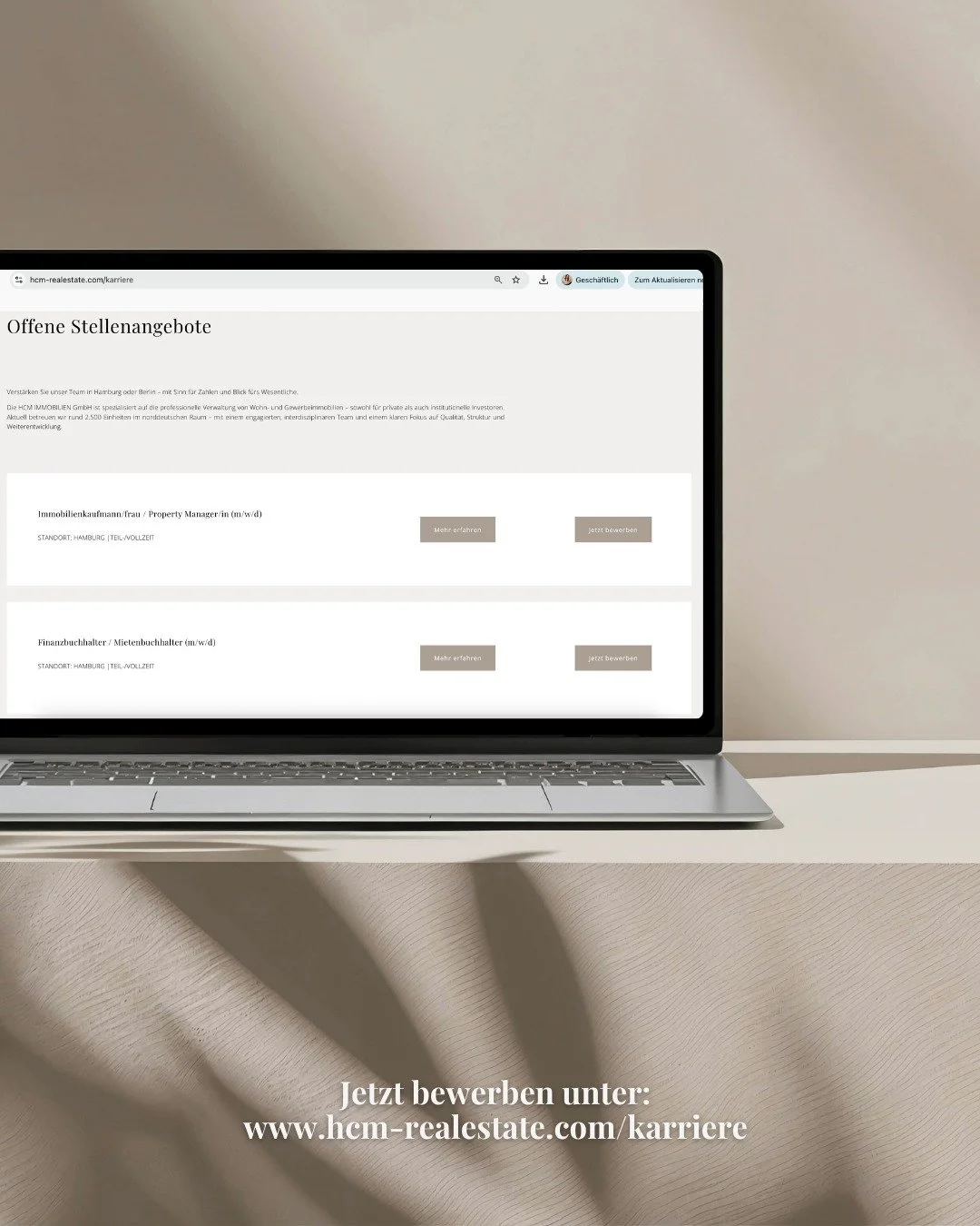 Werde Teil eines Teams, das Immobilien mit Verantwortung, Struktur und Weitblick begleitet 🚀

Auf unserer Website findest Du aktuelle Stellenangebote in den Bereichen Property Management, Hausverwaltung und Facility Management - in Hamburg und Berli