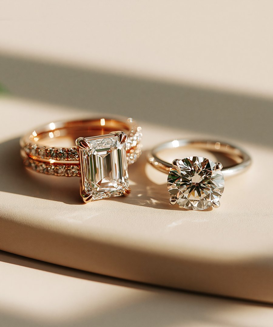 Three rings with large gemstones and decorative bands displayed on a beige surface with shadows.