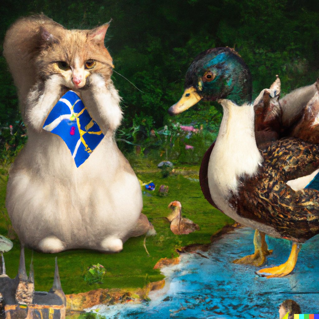 A cat looks worried as she looks to explain the new mansion tax to her duck friend.