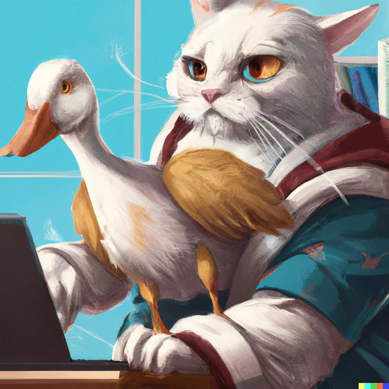 Original Making Tax Digital quarterly updates guide illustration featuring a cat and duck at a laptop