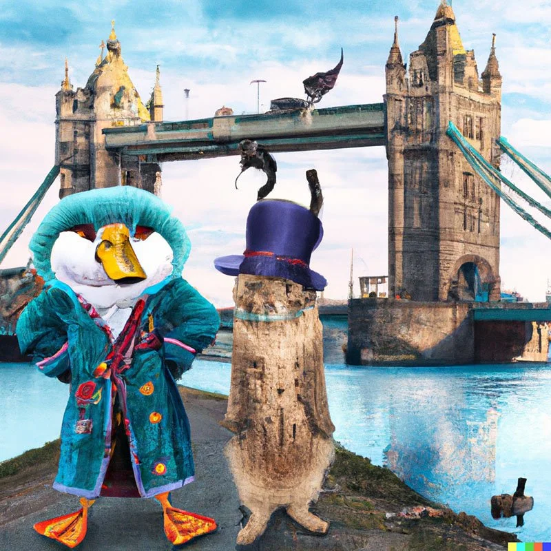 Cat and duck stood outside Tower Bridge