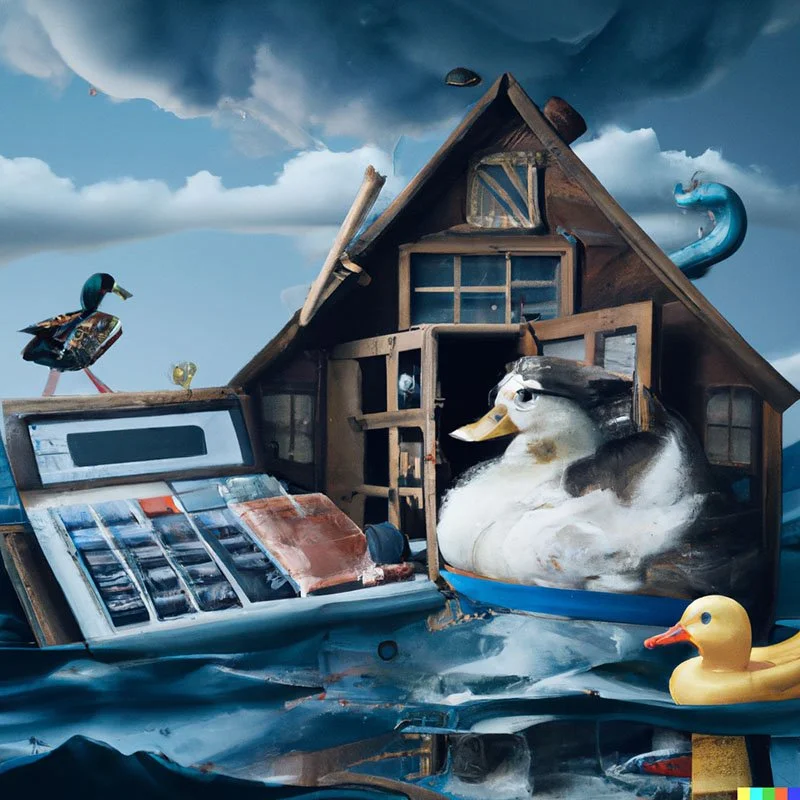 A whimsical wooden house with nautical and animal elements, including a large duck figure, a duck-shaped rubber boat floating nearby, a painted bird on a stick, and a cloudy sky