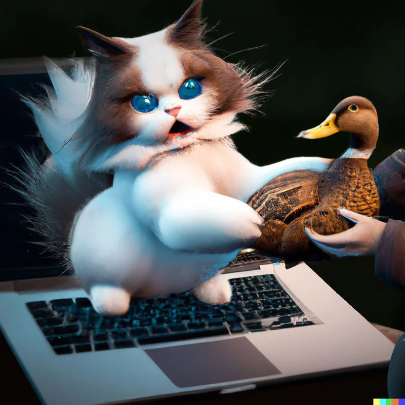 A computer keyboard with a digital rendering of a cat, a duck, and a decoy duck emerging