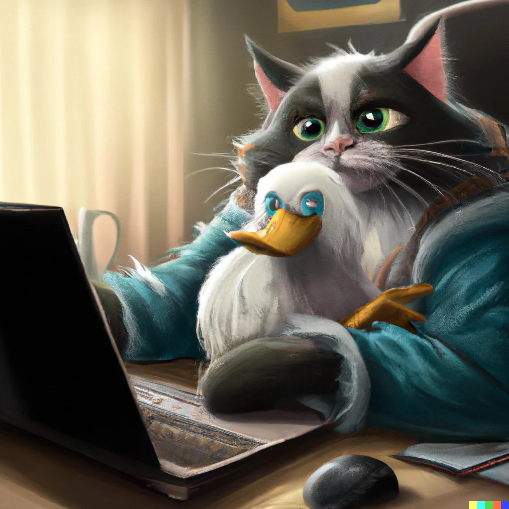 A person with a cat face mask sitting at a desk with a laptop and coffee mug, wearing a teal shirt