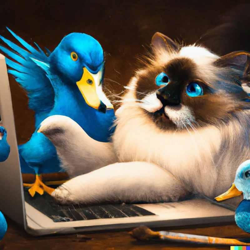A seal mitted ragdoll cat using a MacBook Pro to file company accounts while being watched by two blue ducks.