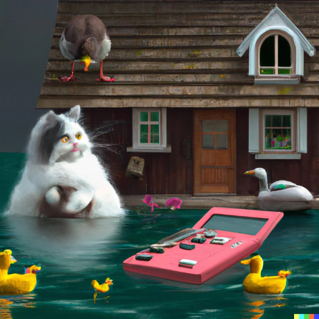 A house with cats and ducks working from home.