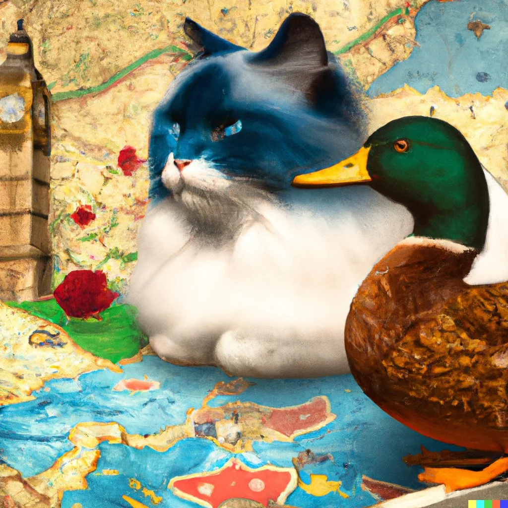 A ragdoll cat and a duck looking at a map contemplating what is a holiday let ideal site.
