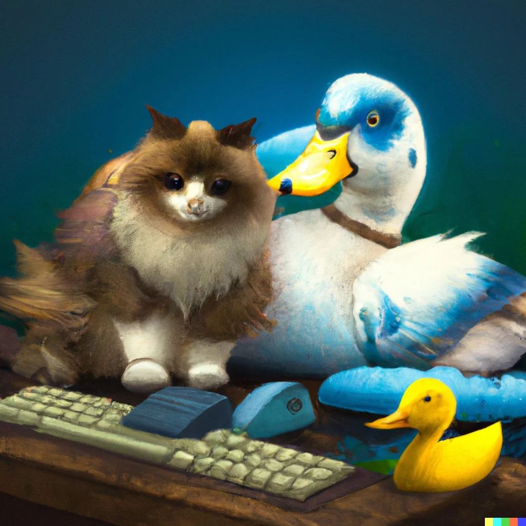 A cat, duck and duckling using a computer to buy cryptocurrency.