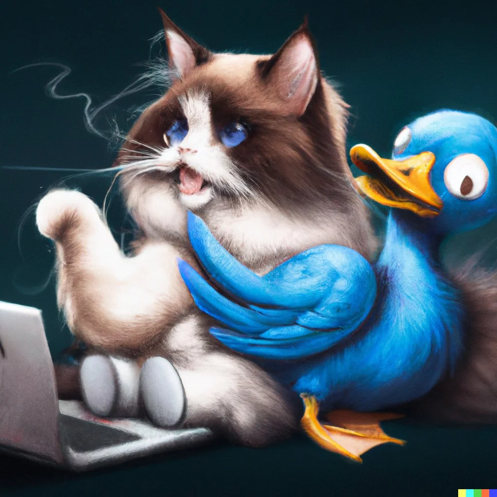 A seal mitted ragdoll cat researching cheap low cost accountants on a laptop with her duck friend who has blue feathers.