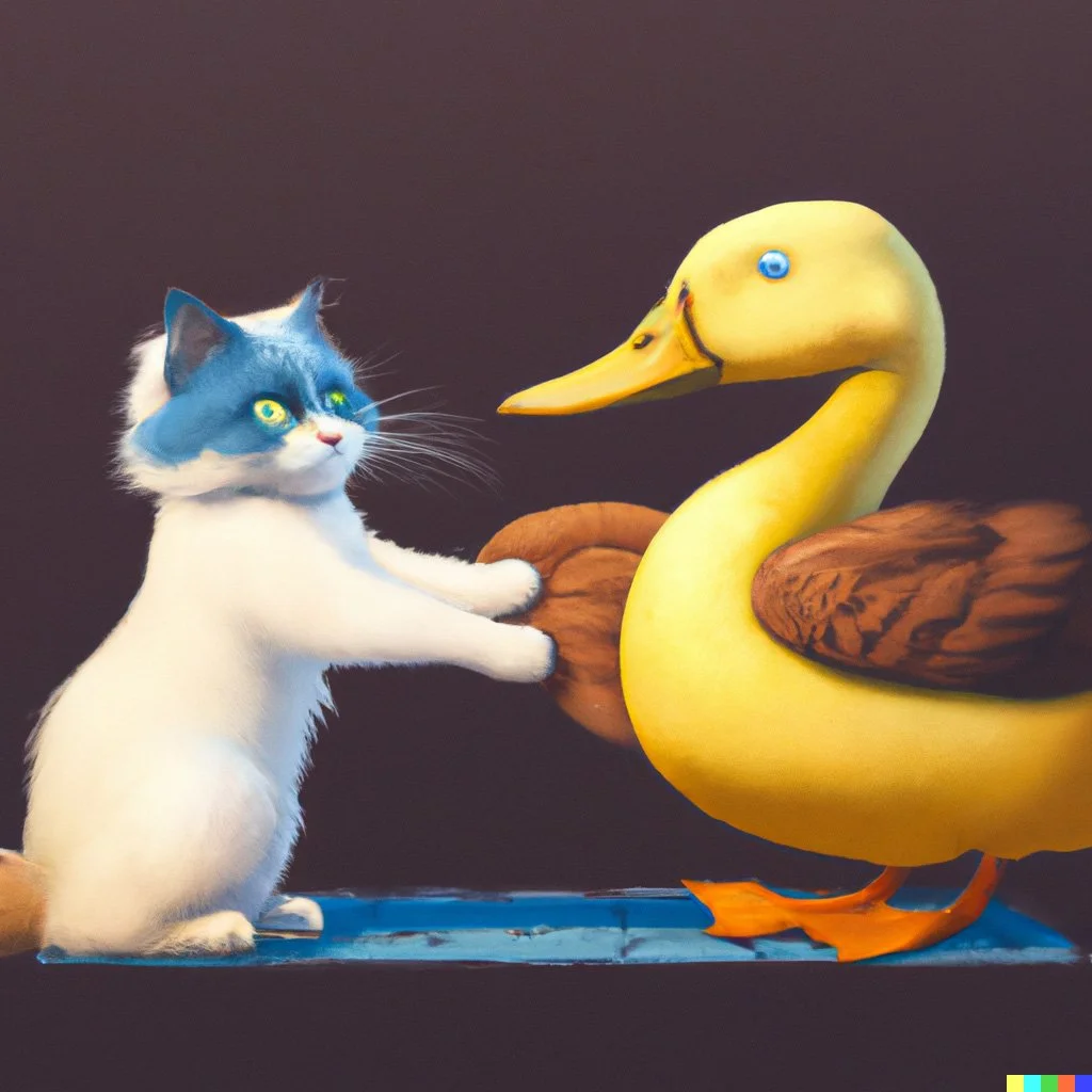 A ragdoll cat shaking hands with his barrister accountant who happens to be a duck.