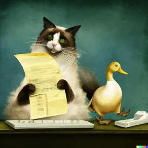 Illustration of a cat examining a long accounting document beside a duck