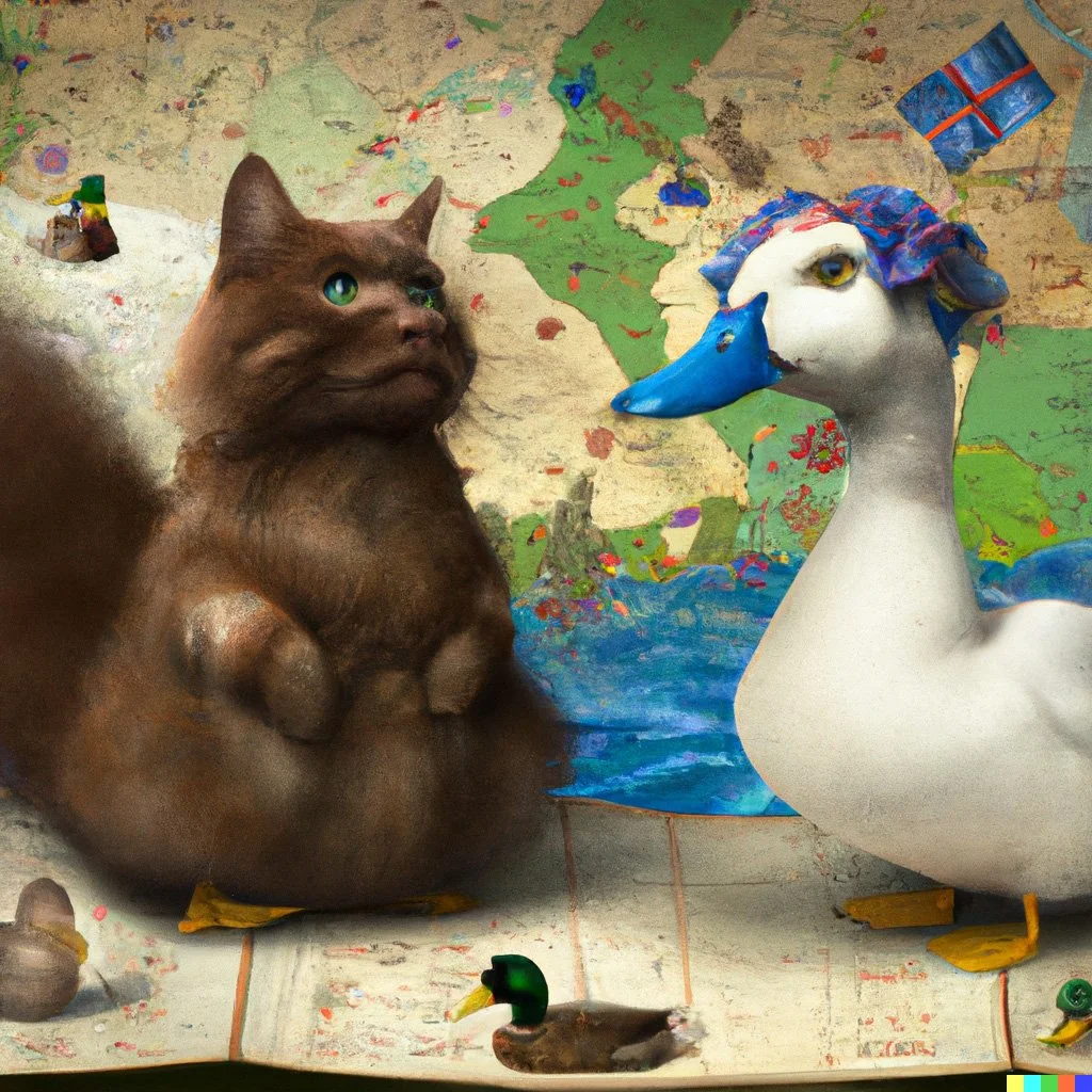 A cat and a duck searching for a Sage accountant on a map.