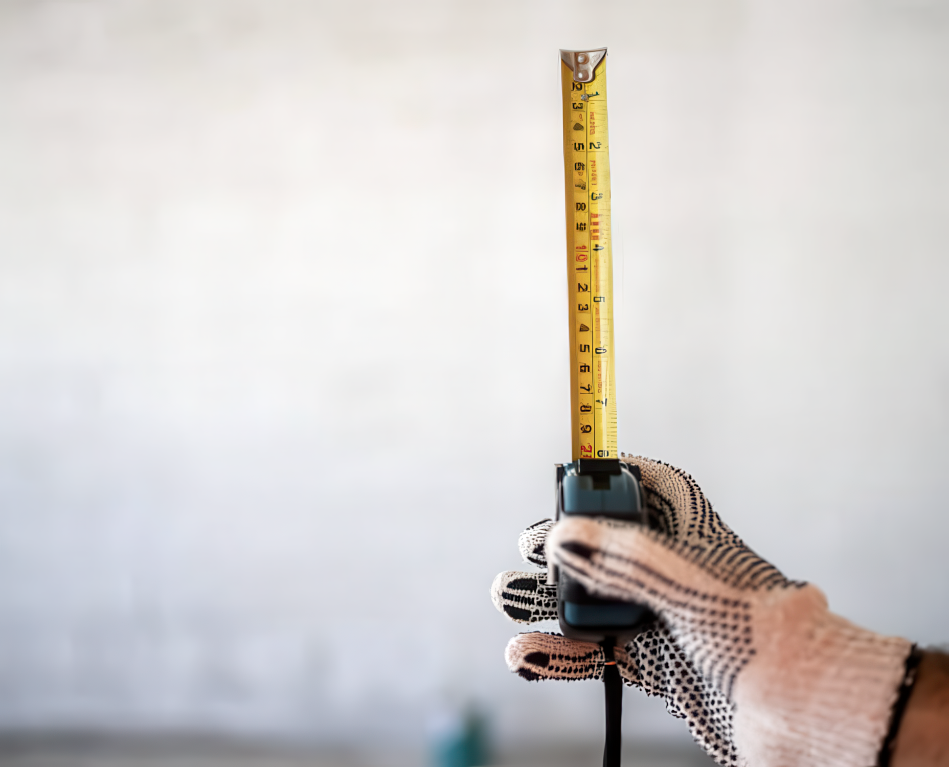A gloved hand holding a laser measuring device with a yellow measuring tape extended vertically against a plain background.
