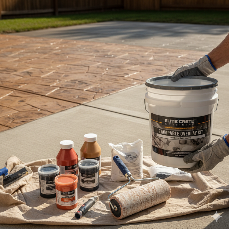Concrete patio being prepared for a decorative overlay with rollers and brushes