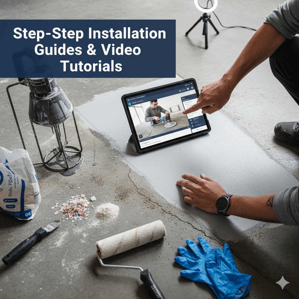 Homeowner following an epoxy installation guide on a tablet with rollers and supplies on a bare concrete floor