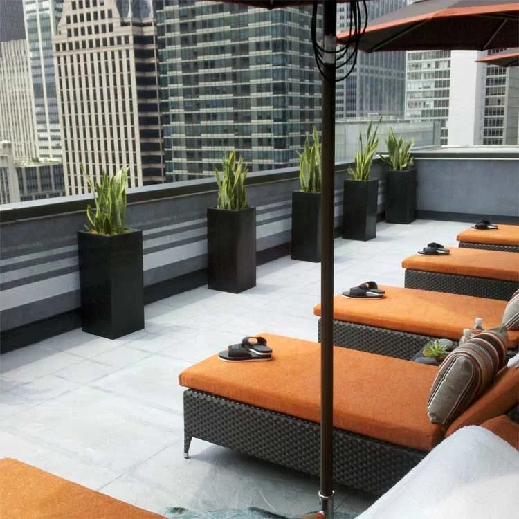 Rooftop terrace with orange loungers, potted plants along a glass railing and a city skyline behind.