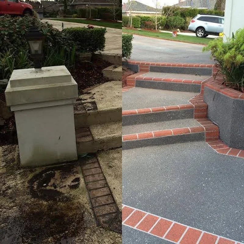 Side-by-side comparison of a worn concrete staircase and the same staircase after restoration with a brick-edged finish.