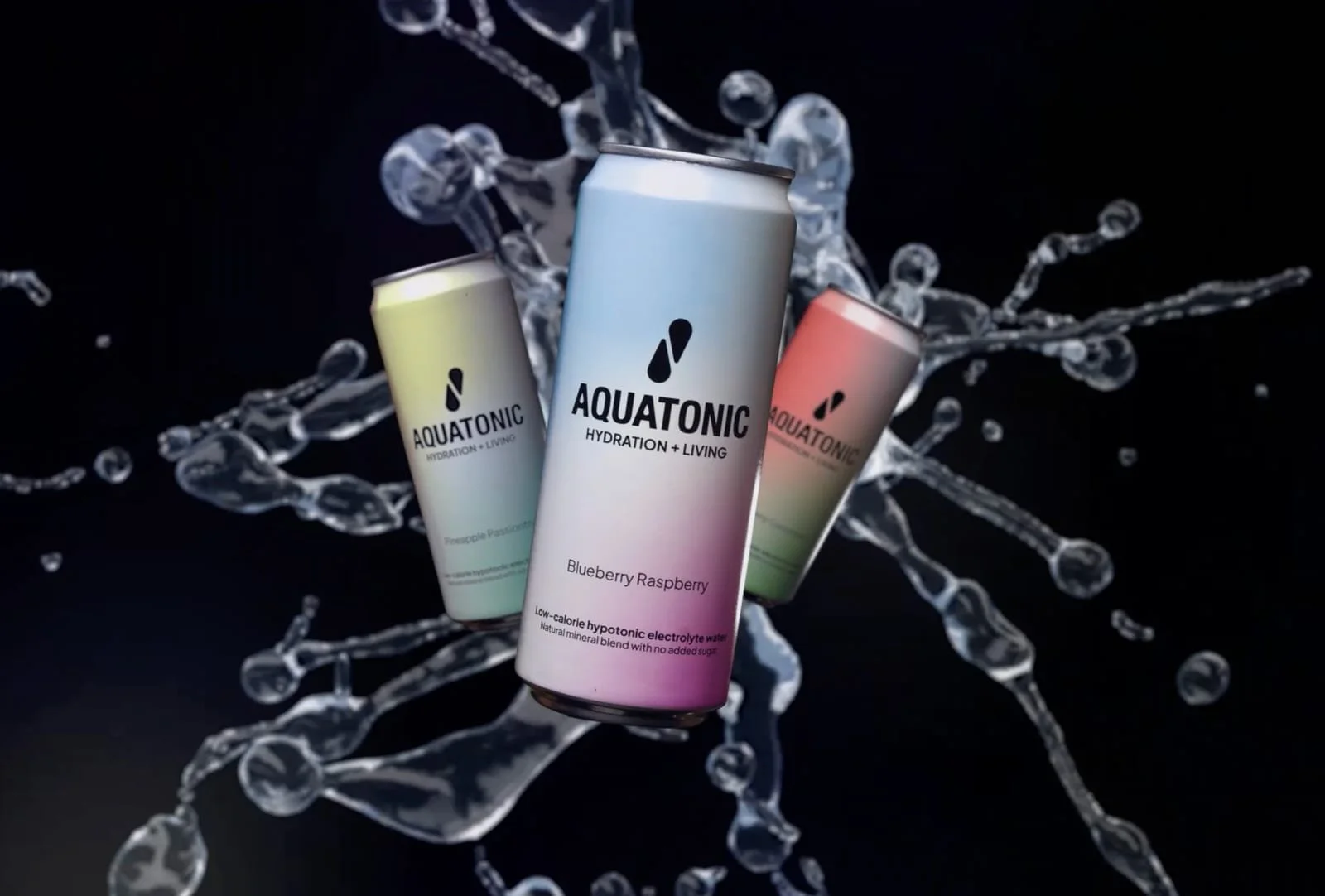 Three cans of Aquatonic hydration water with splash effects. The flavors are Pineapple Passion, Blueberry Raspberry, and Watermelon. The cans are pastel gradient colors on a dark background.