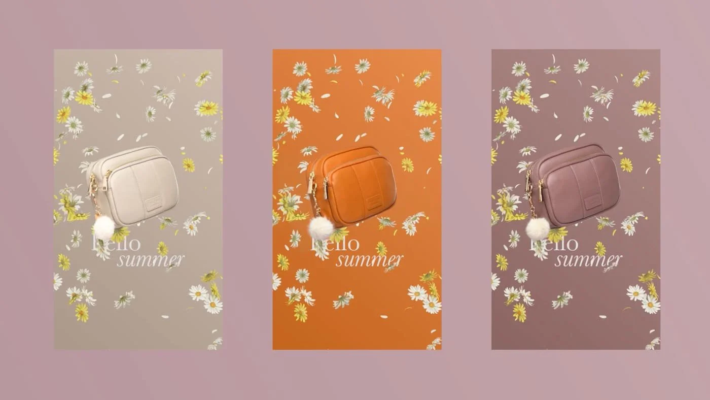 Three promotional posters with colorful backgrounds and floral designs, each featuring a handbag and the phrase 'hello summer'.