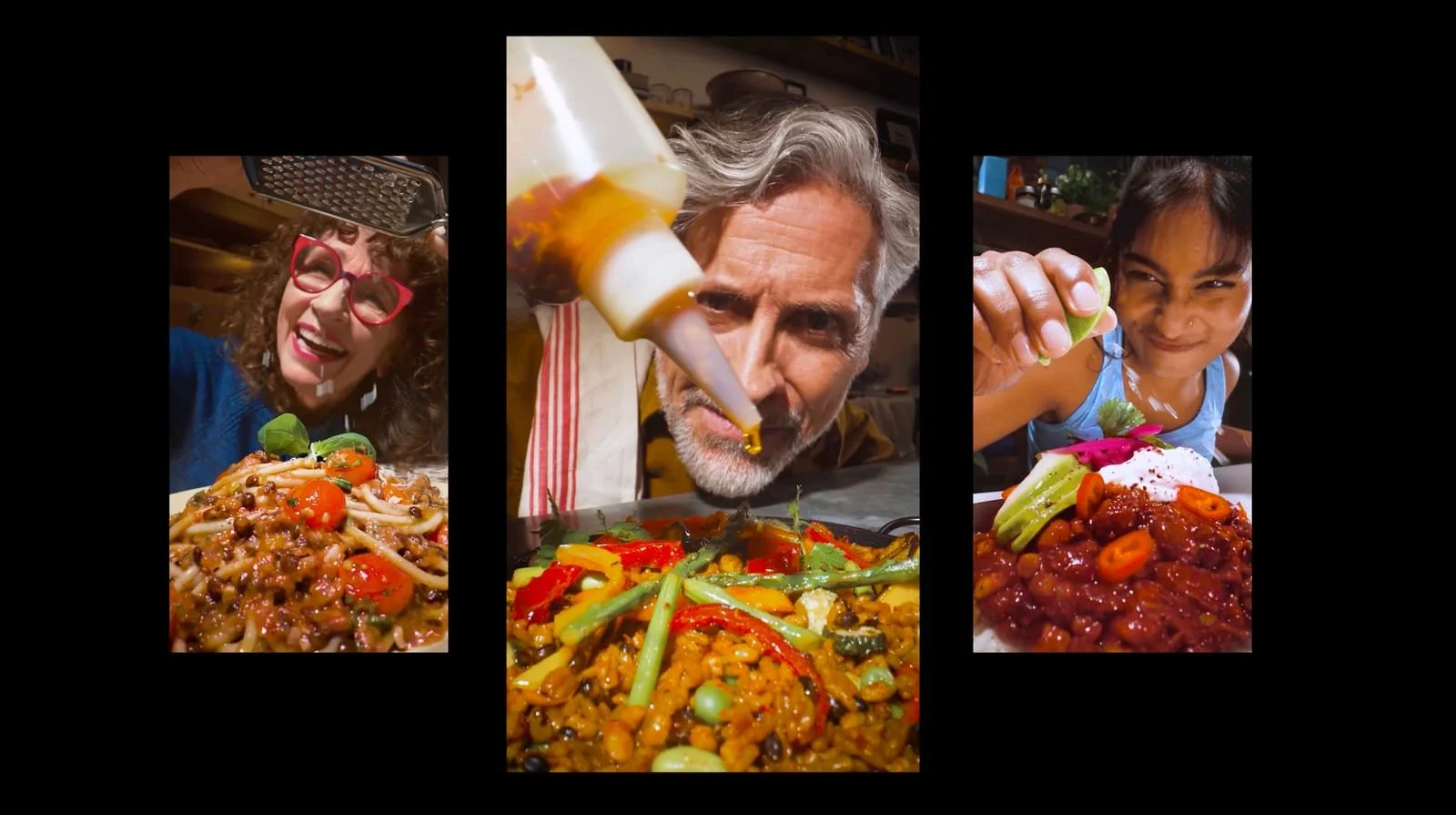Three people enjoying colorful dishes, with a woman pouring ketchup and a girl squeezing lime