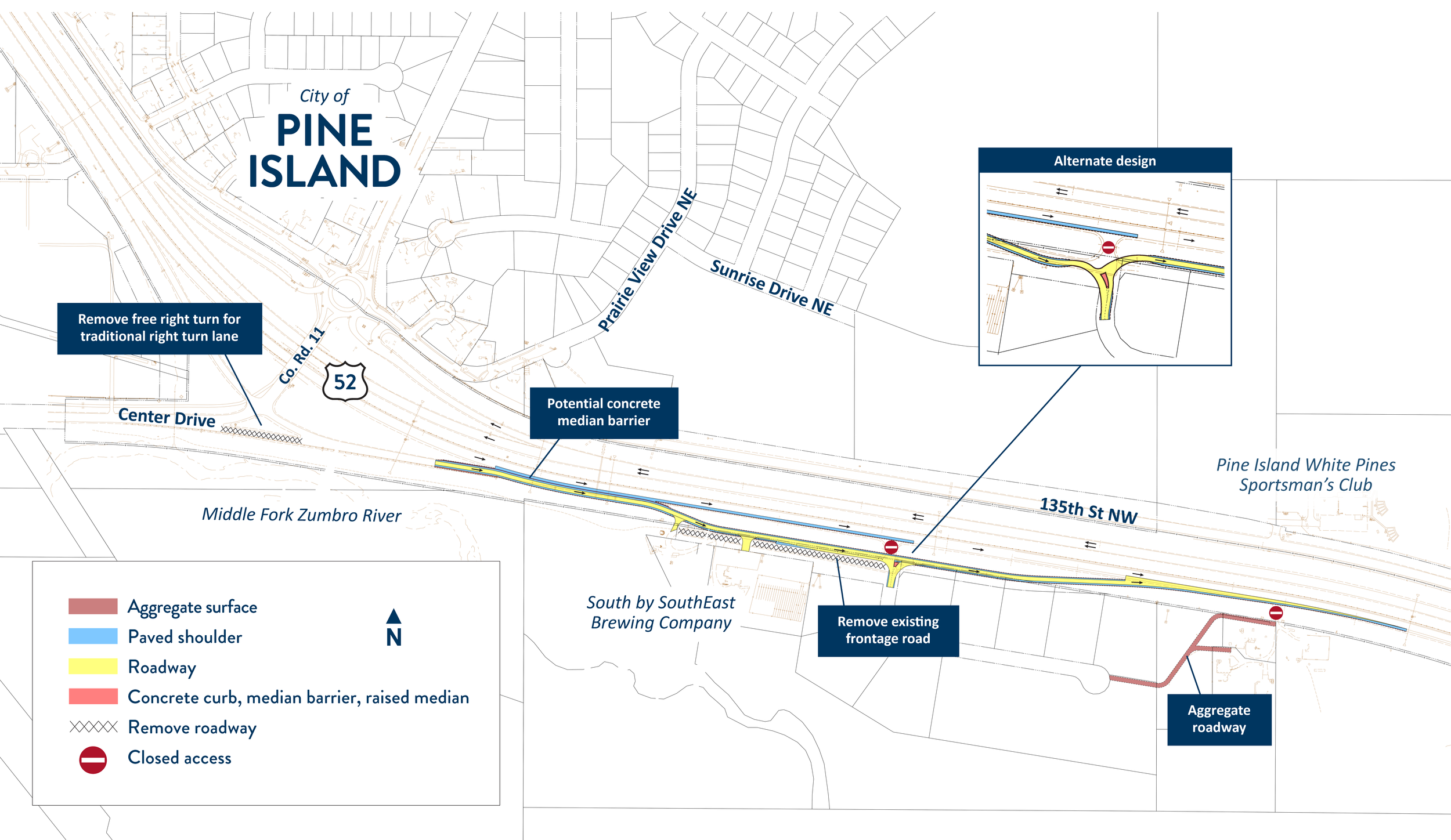 A map illustration depicting reconstruction design options for a roadway in Pine Island