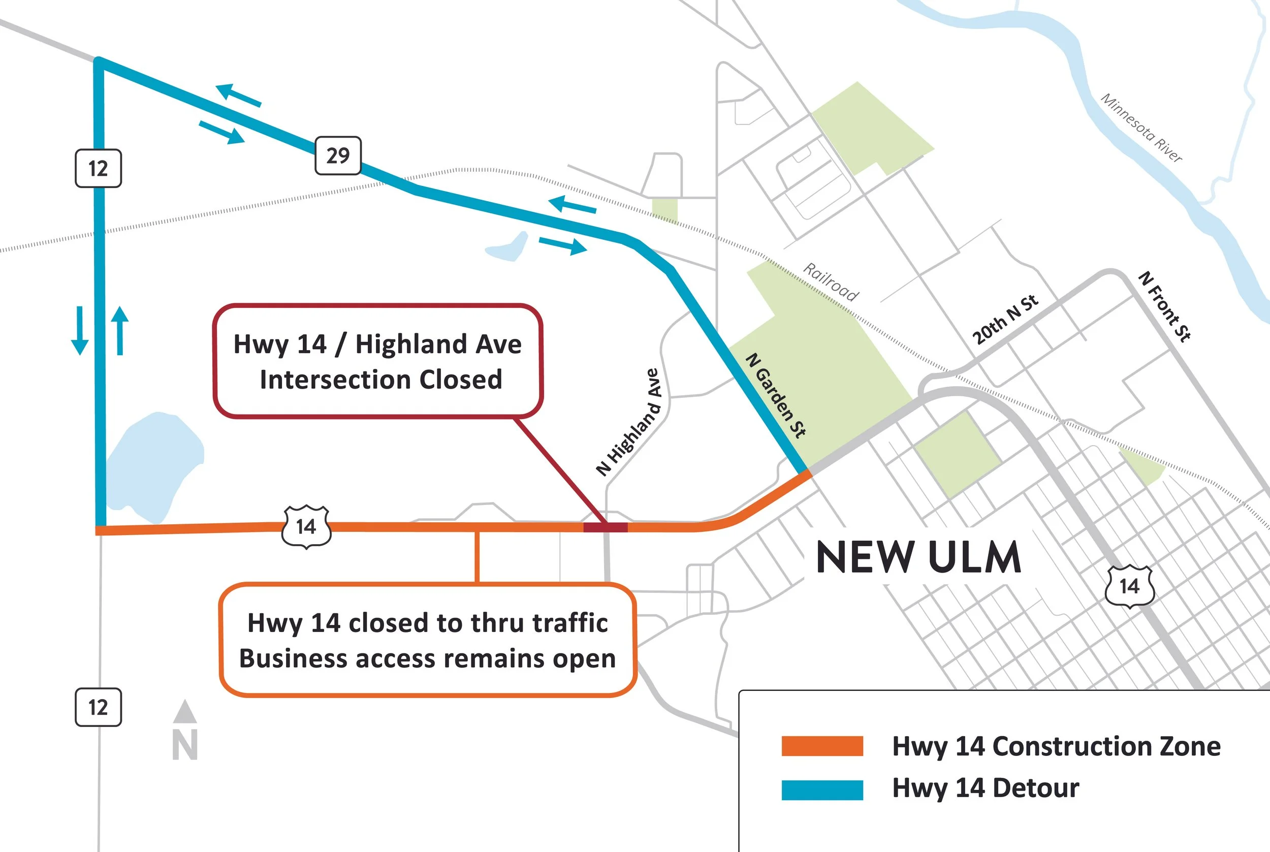 A map illustration depicting a construction zone and detour in New Ulm