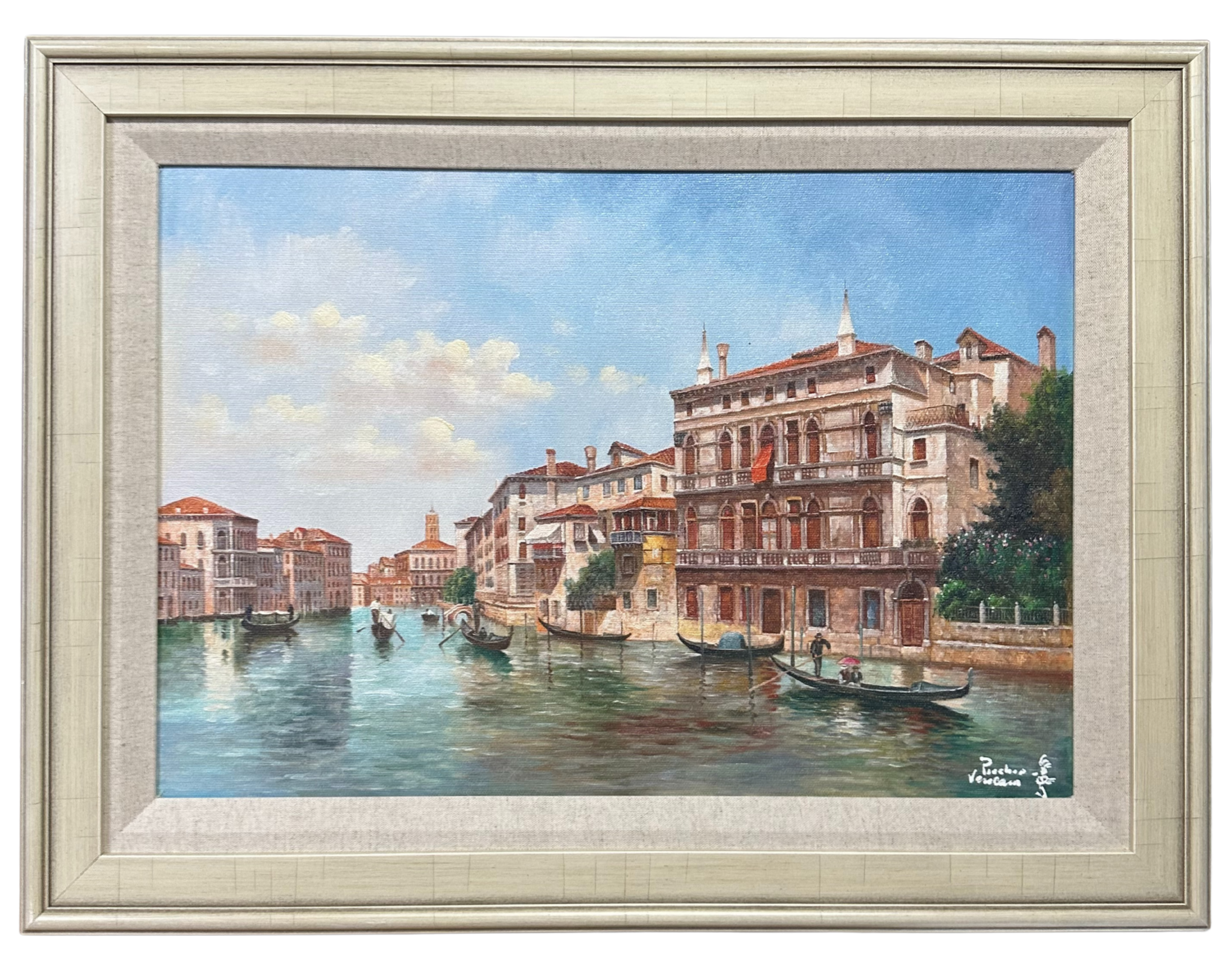 A framed painting of a Venetian canal with boats and historic buildings under a blue sky.
