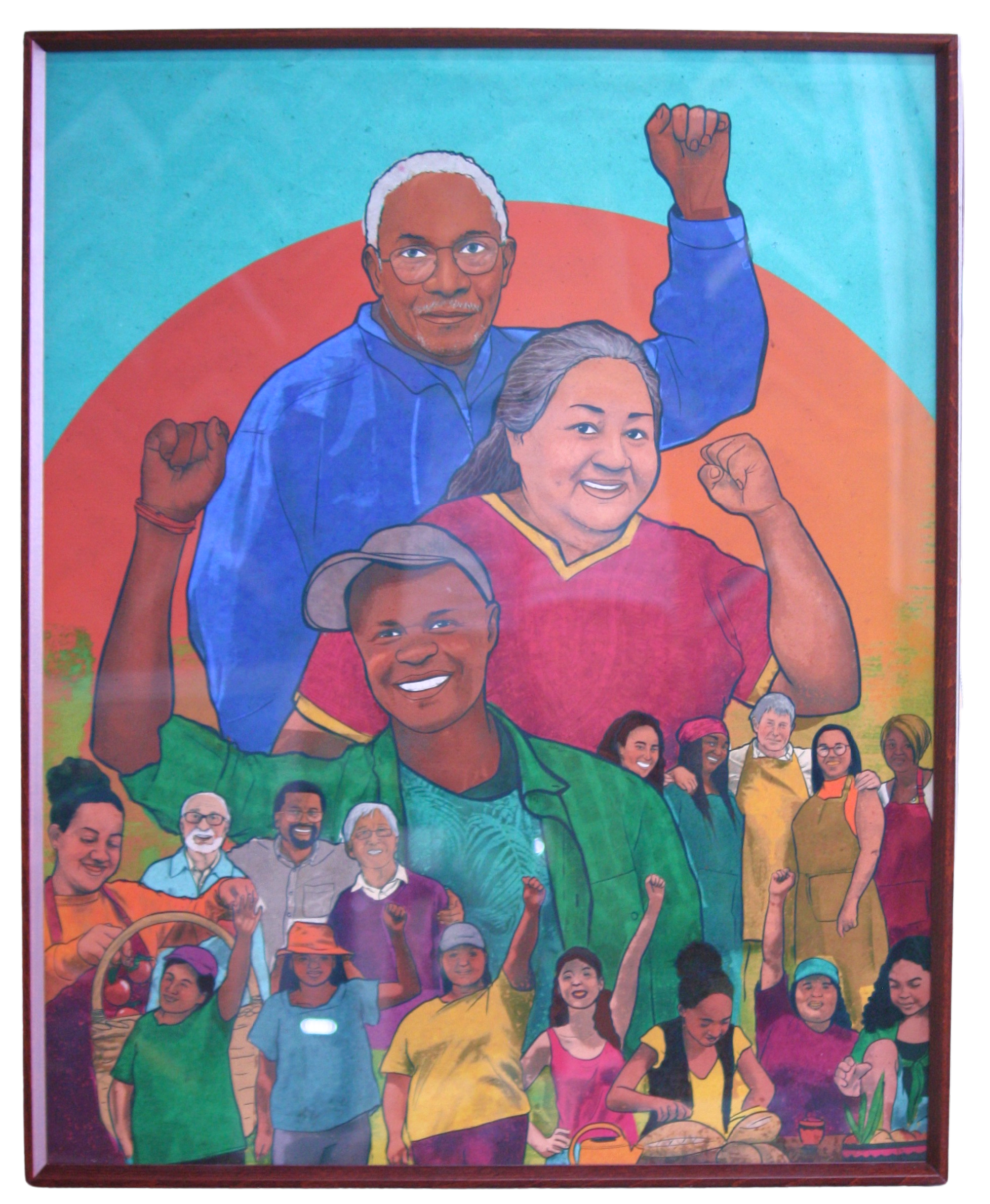 Colorful mural depicting diverse group of people, including children and adults, celebrating with raised fists and smiles, with a larger couple in the center raising their fists.