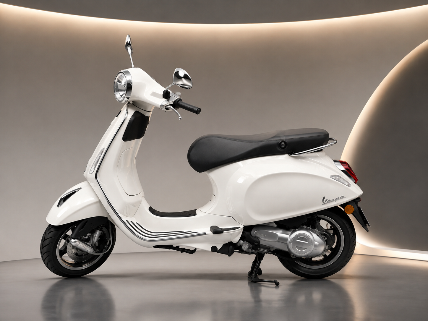 Weiße Vespa Vespa mit schwarzem Sitz und silbernen Flammen auf der Seite, steht auf einem glatten Boden vor einer modernen grauen Wand mit Beleuchtung.